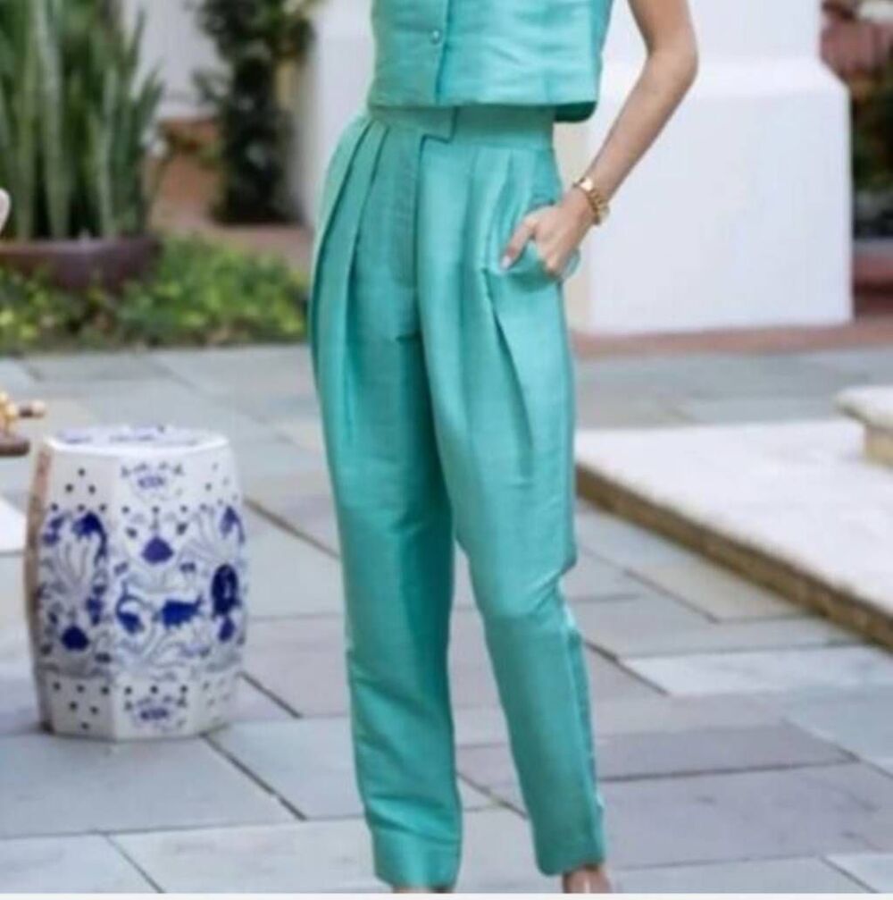 NWT Julia Amory 100% Silk Turquoise Deco Pant Size XS